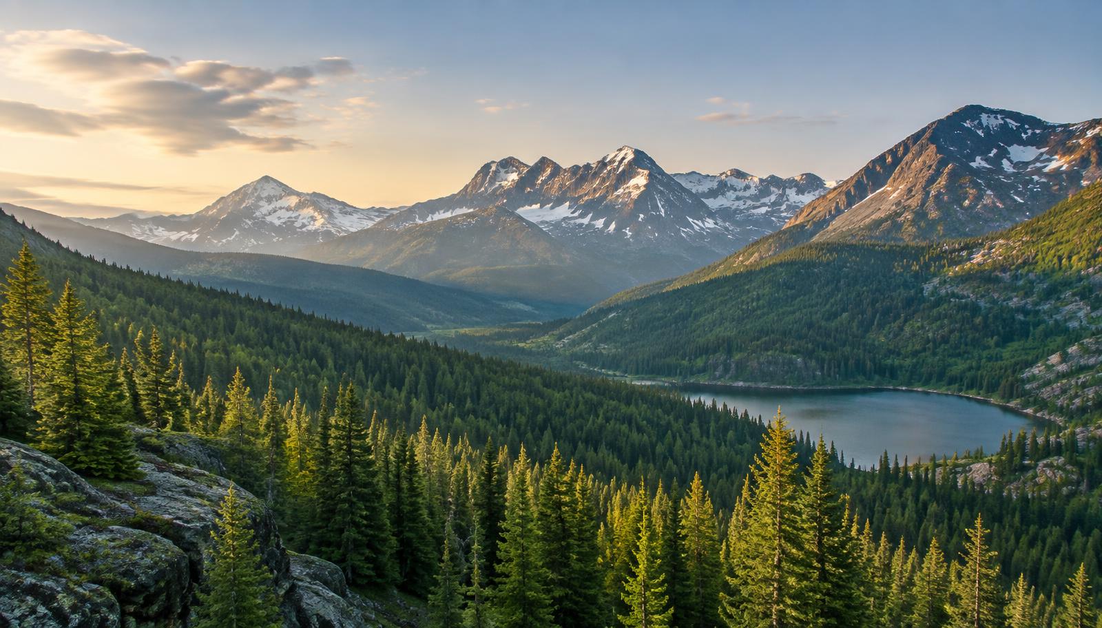 Colorado Rocky Mountains with pine forest and a lake in morning light