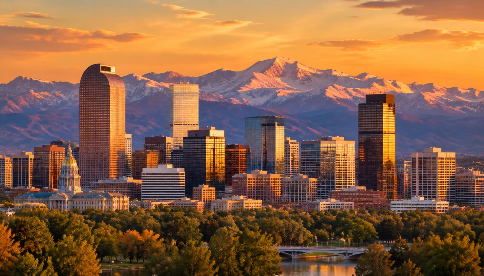 The Denver skyline at golden hour with the Rocky Mountains behind